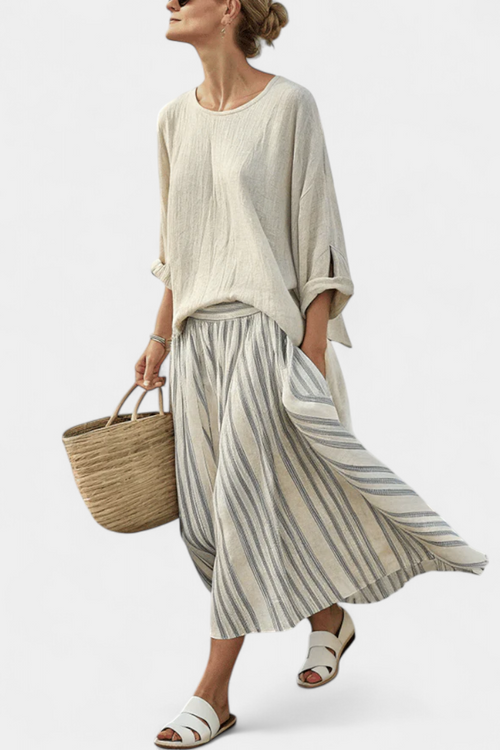 Women’s Blouse and Striped Midi Skirt Set