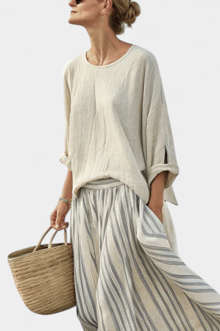 Women’s Blouse and Striped Midi Skirt Set