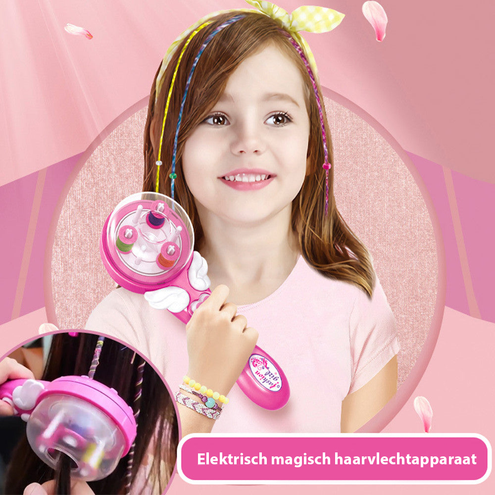 Young girl smiling while holding the pink automatic hair braiding machine