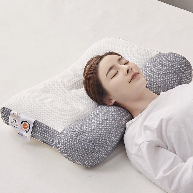 Orthopedic pain relief pillow showing contour design for head and neck support