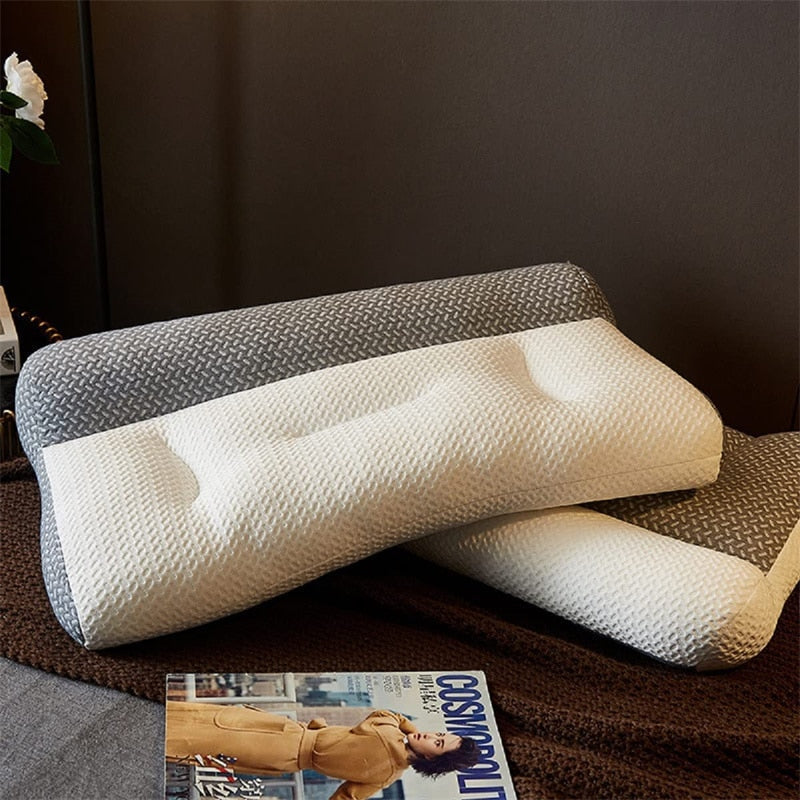 Ergonomic pillow for sleeping showing dual-height contour for versatility
