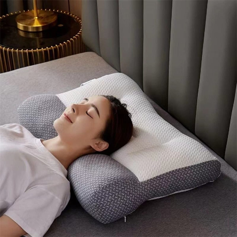 Woman sleeping comfortably on an ergonomic pain relief pillow