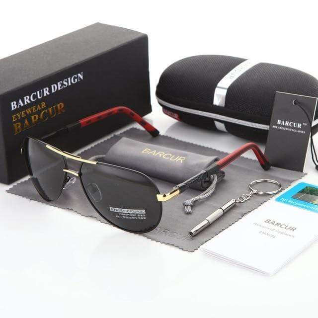 Gold Black pilot sunglasses set including hard case and cleaning kit