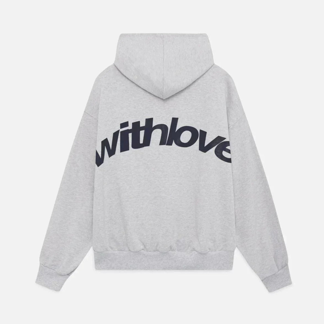 Grey unisex streetwear hoodie featuring large text back print