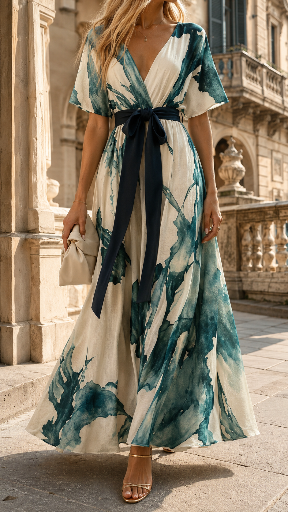 Front view of a woman wearing an elegant printed wrap maxi dress with a tie waist and watercolor pattern outdoors.