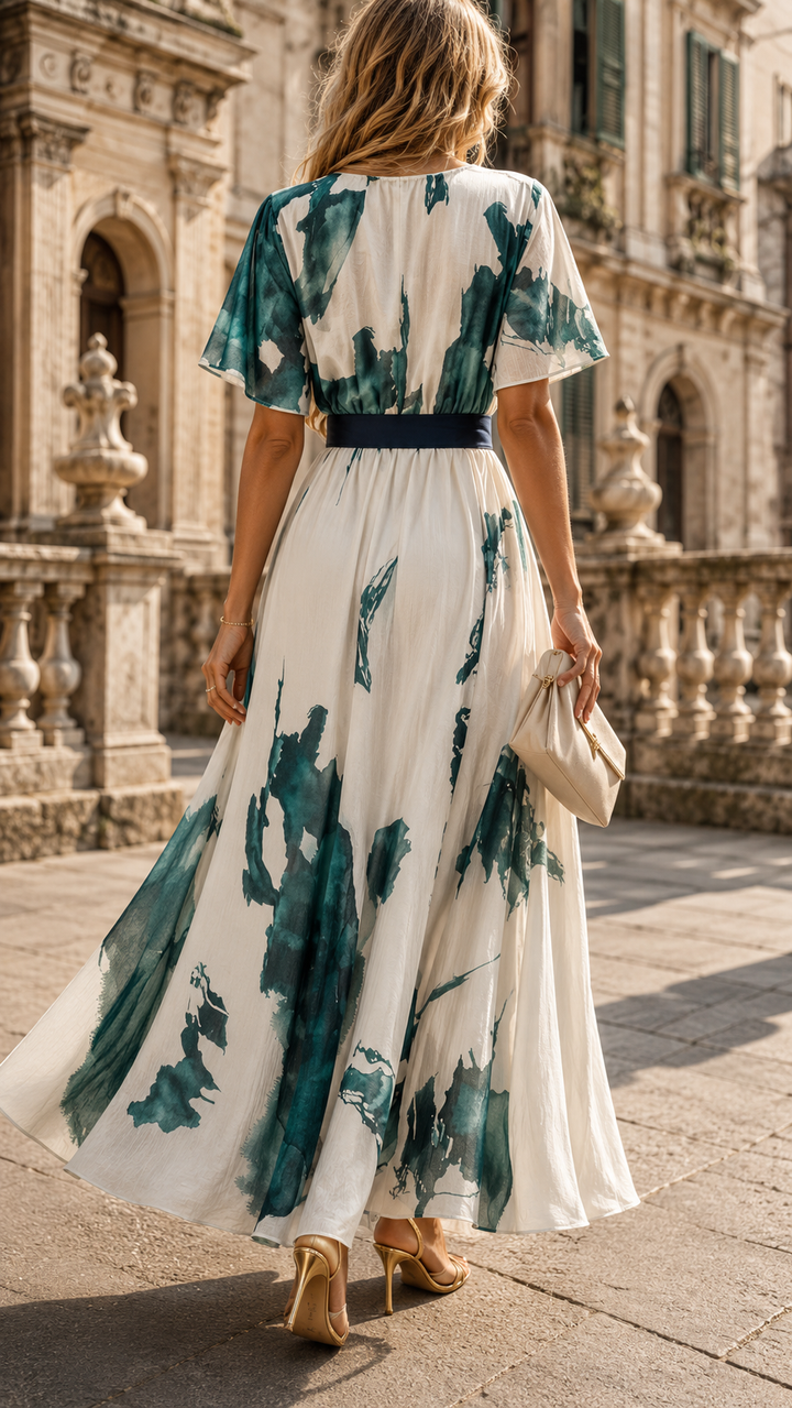 Back view of a woman walking in a flowing printed maxi dress with relaxed kimono sleeves and full-length skirt.