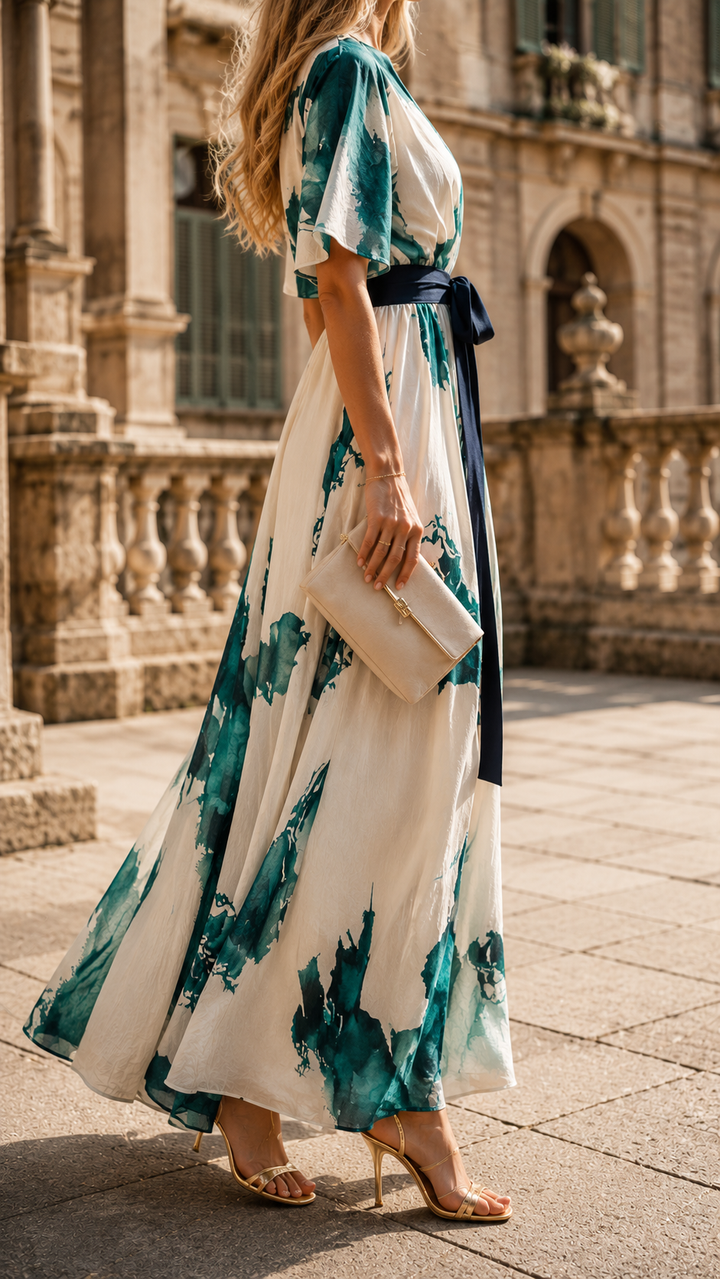 Side profile of a woman holding a cream clutch while wearing a designer-quality printed wrap maxi dress.