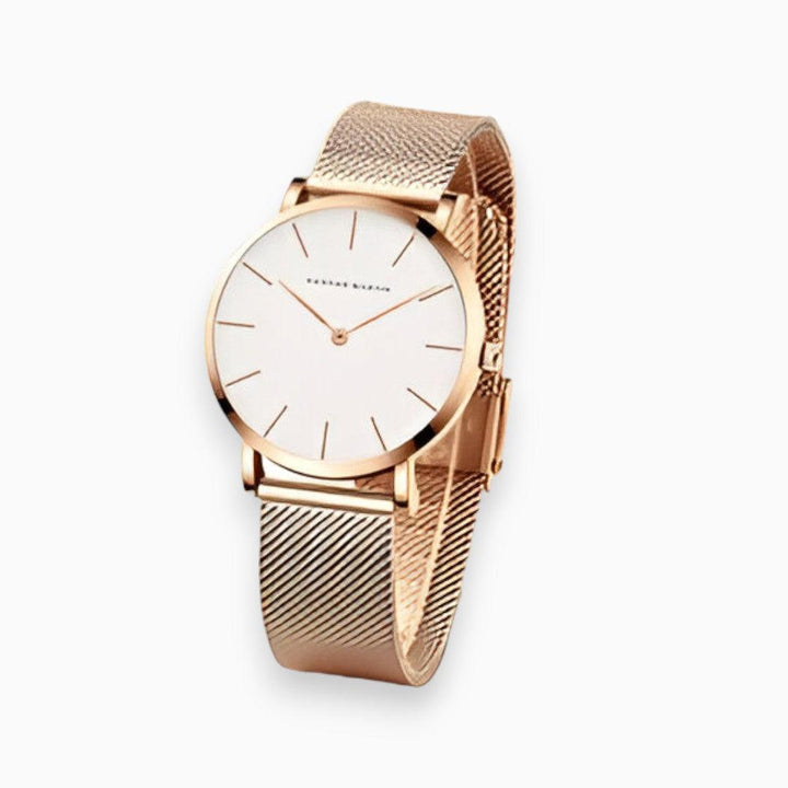 Close-up of the rose gold mesh watch band and case