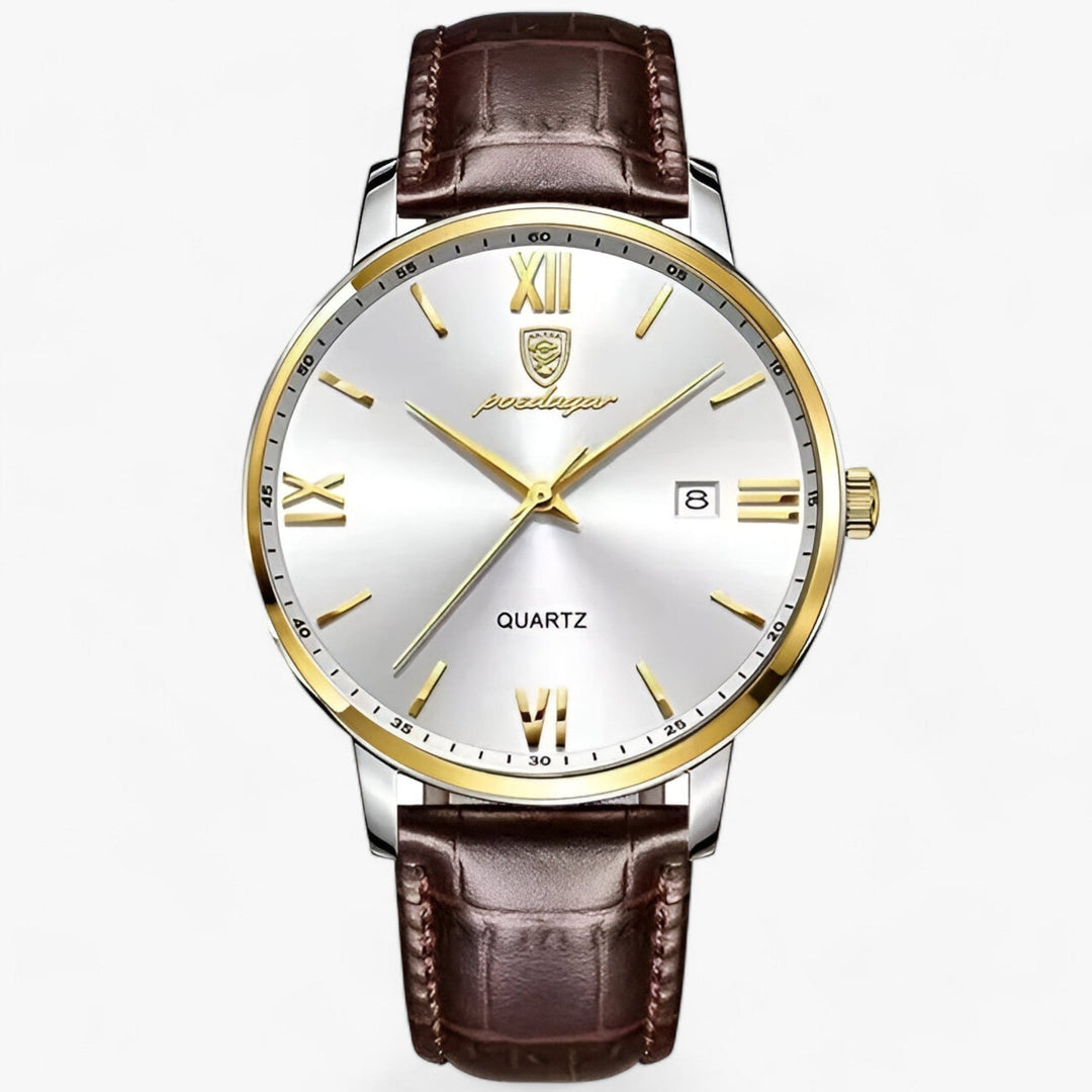 Men's luxury watch with white dial and gold bezel
