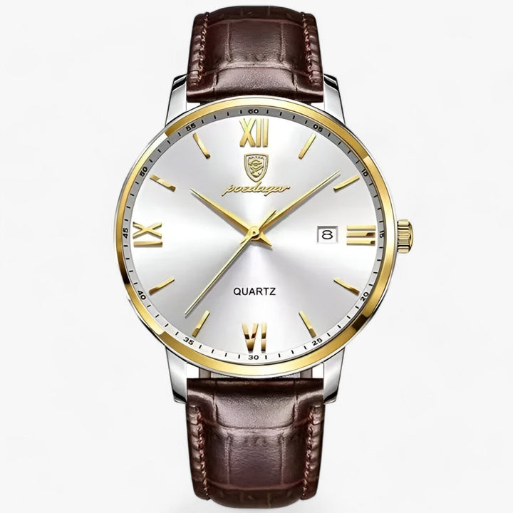 Men's luxury watch with white dial and gold bezel