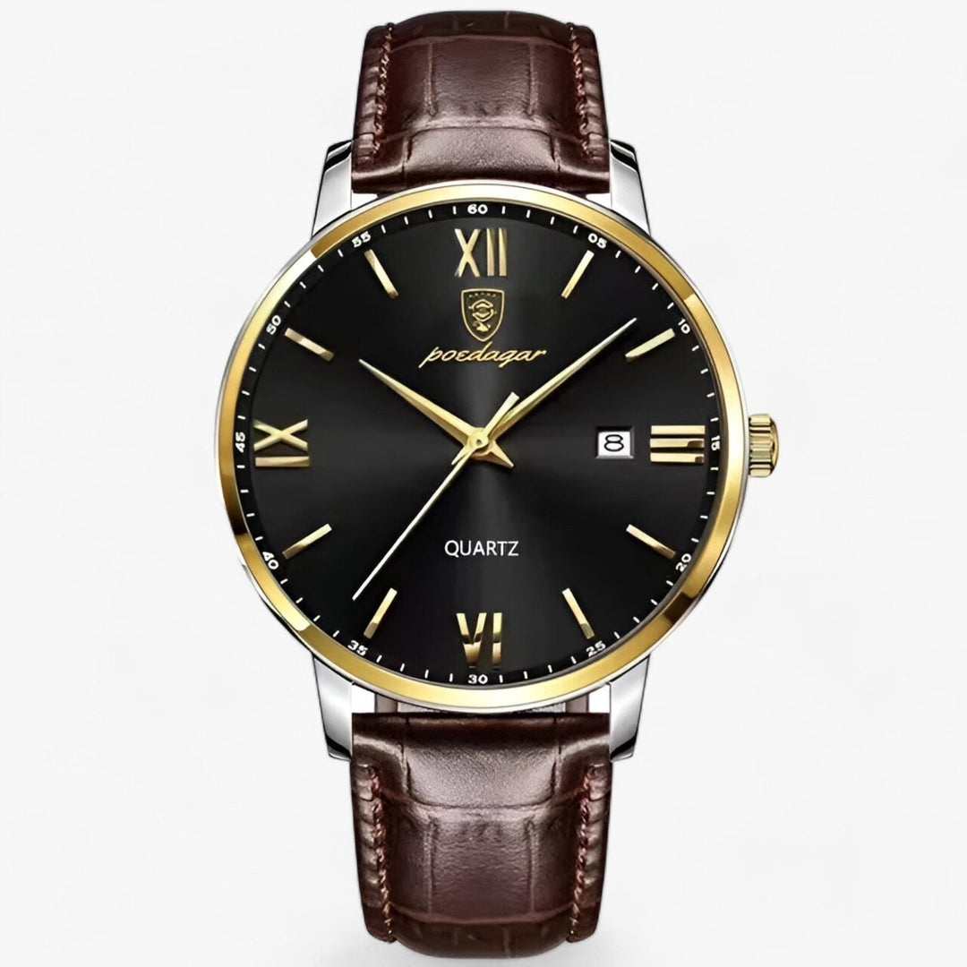 Men's luxury watch with black dial and gold accents