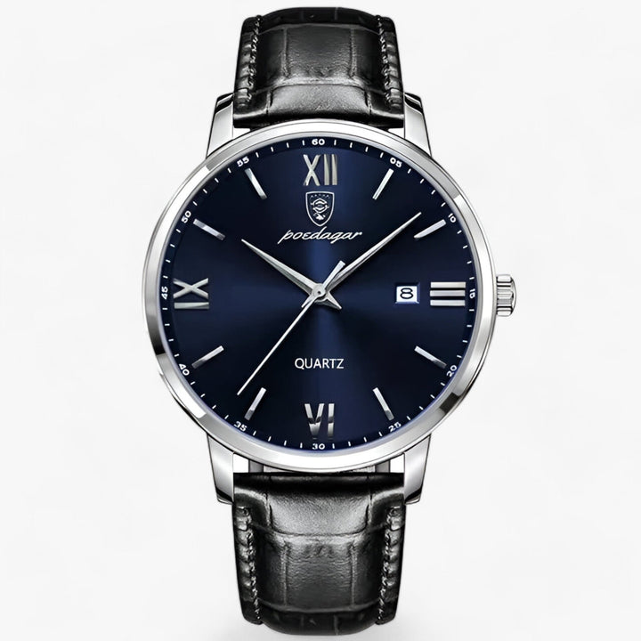 Side angle view of classic mens wrist watch showing crown and polished case