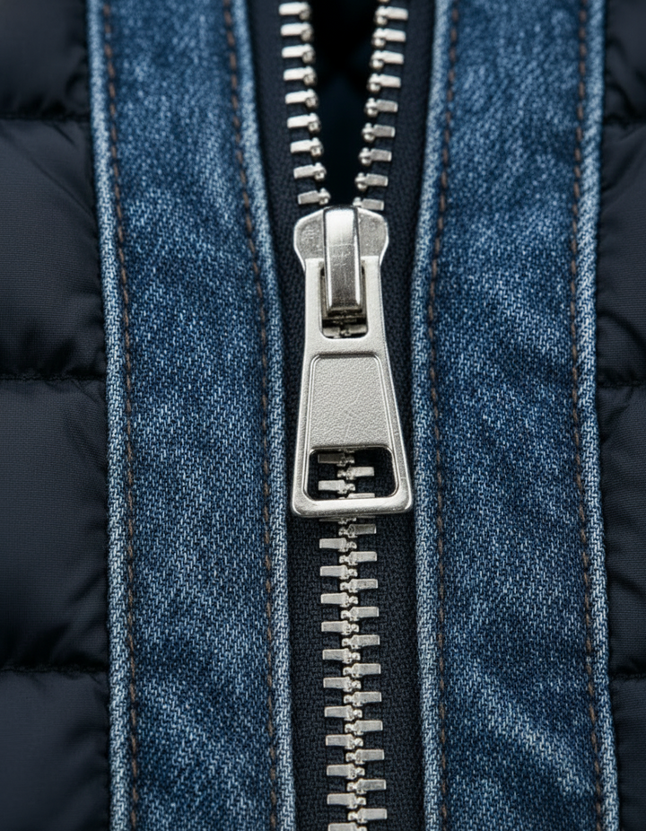 Mens quilted denim jacket featuring a stand-up collar and thermal winter coat design