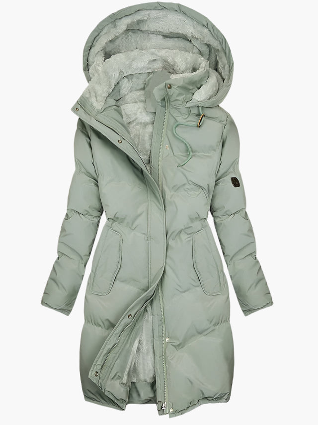 Women's green quilted winter coat with plush hood lining