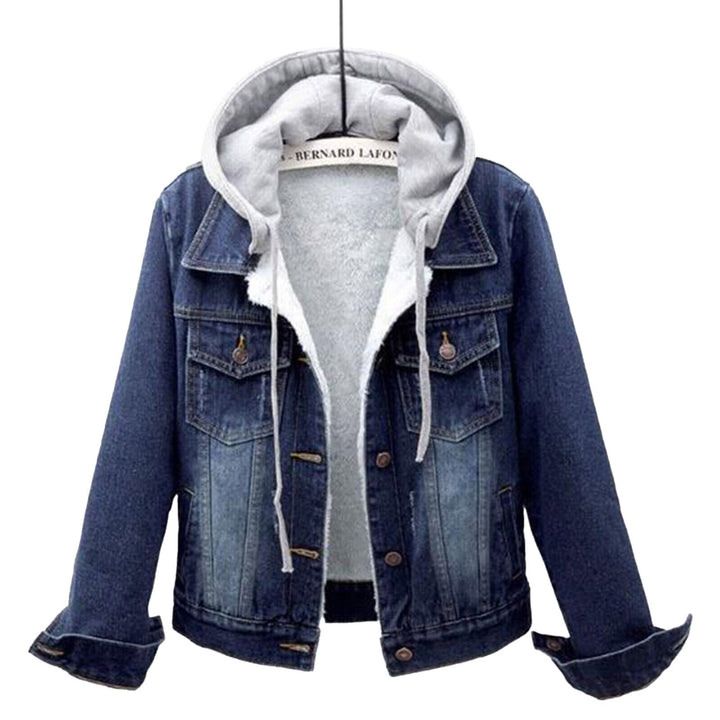 Women's plus size dark blue hooded denim jacket hanging view