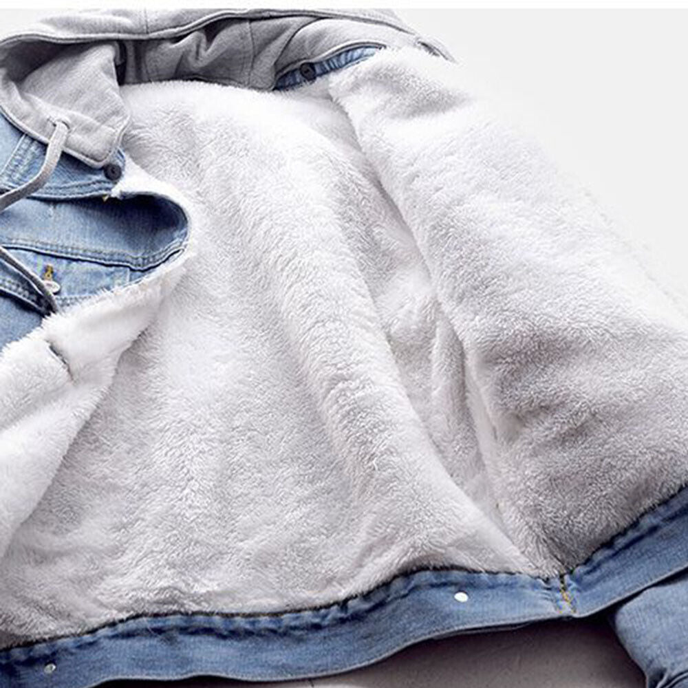 Light blue women's plus size hooded denim jacket, front casual wear view