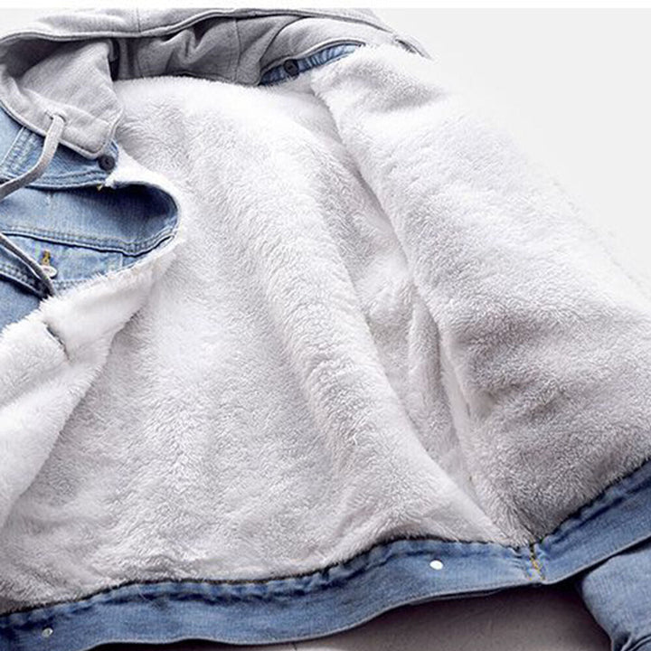 Light blue women's plus size hooded denim jacket, front casual wear view