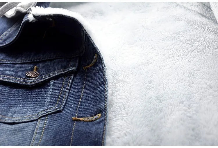 Dark blue plus size hooded denim jacket, stylish casual outerwear back