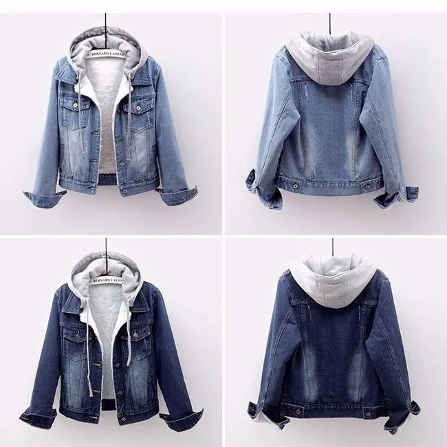 Comfortable plus size denim jacket with hood, angled product shot