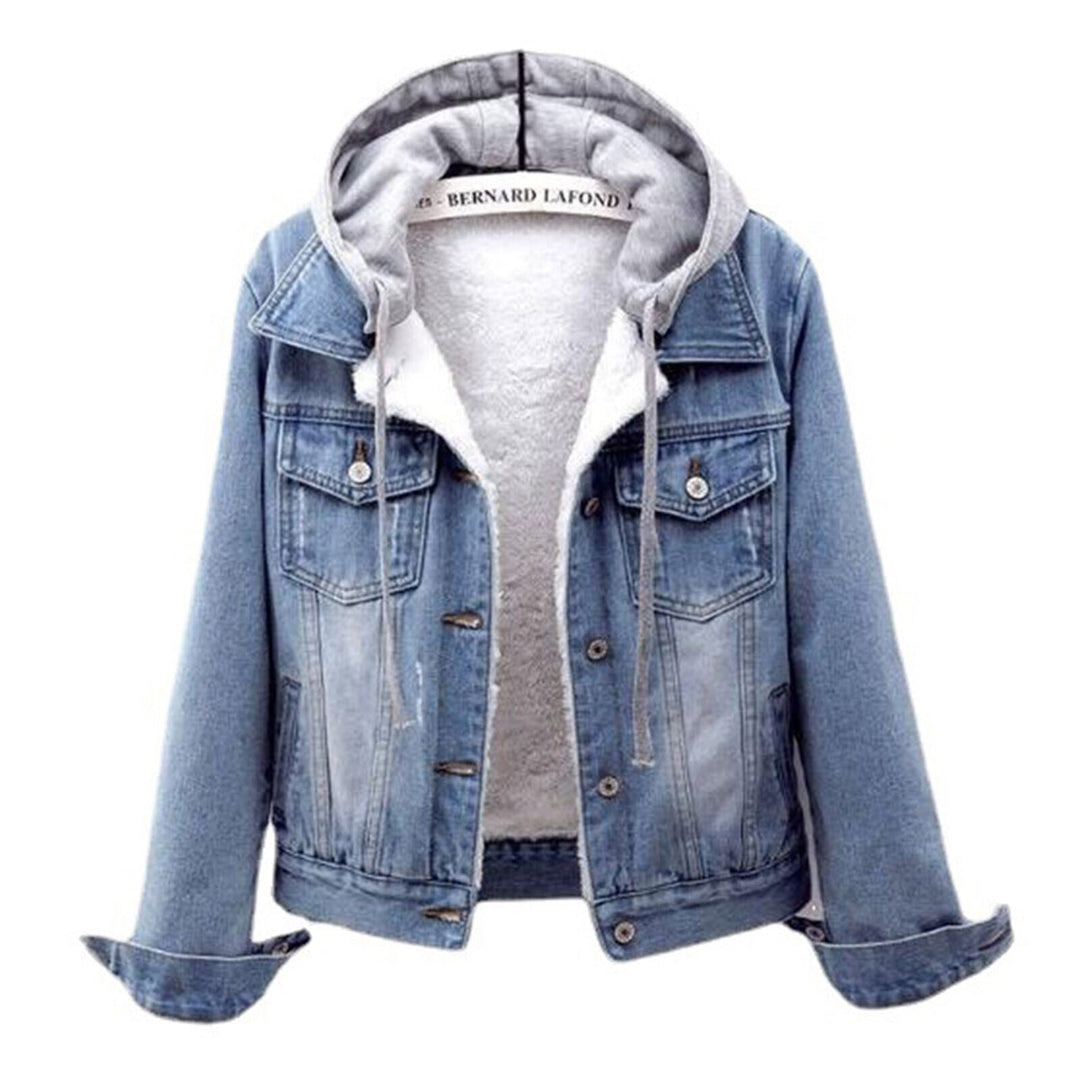 Women's plus size light blue hooded denim jacket front view