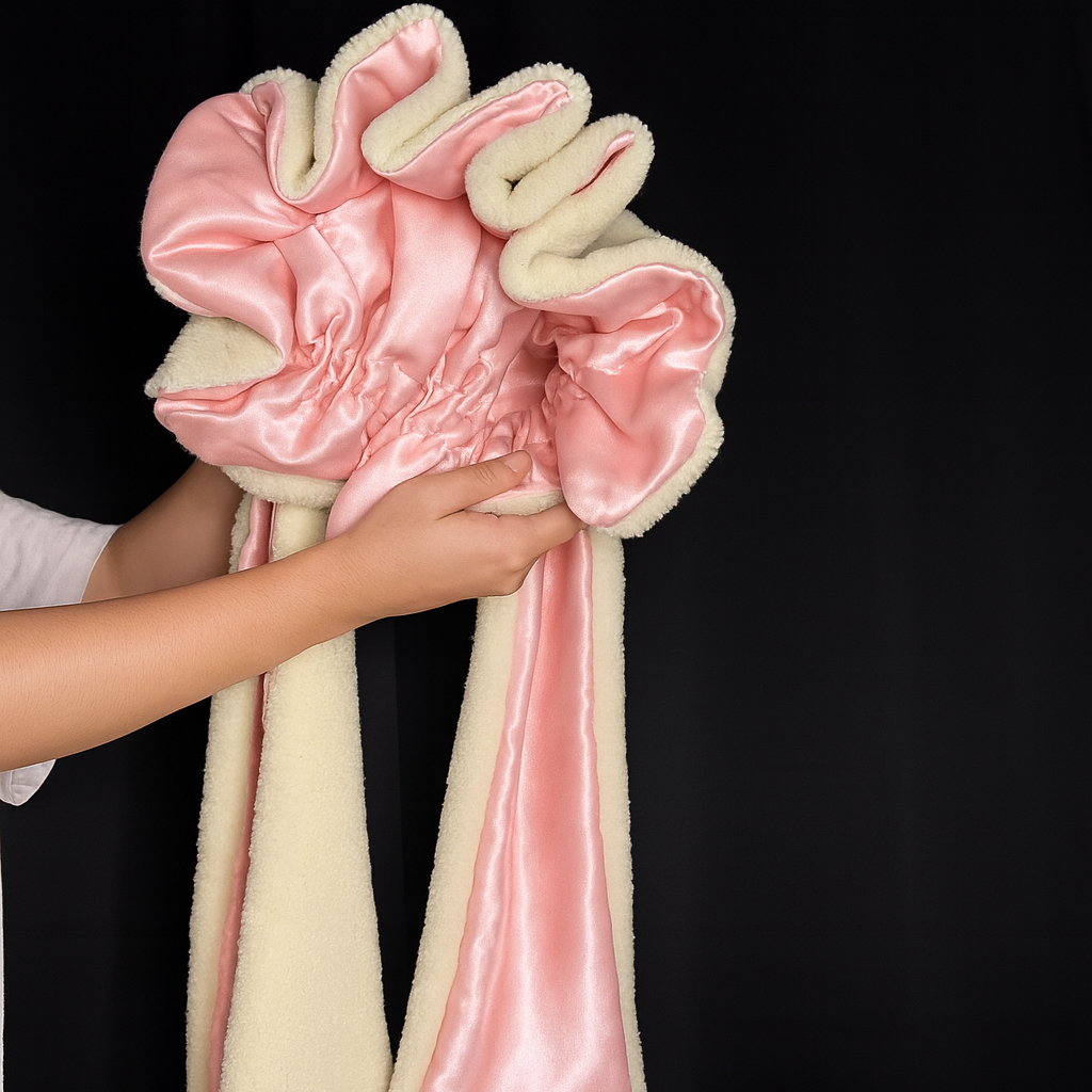 Plush bunny bonnet in white and pink displayed against a dark background