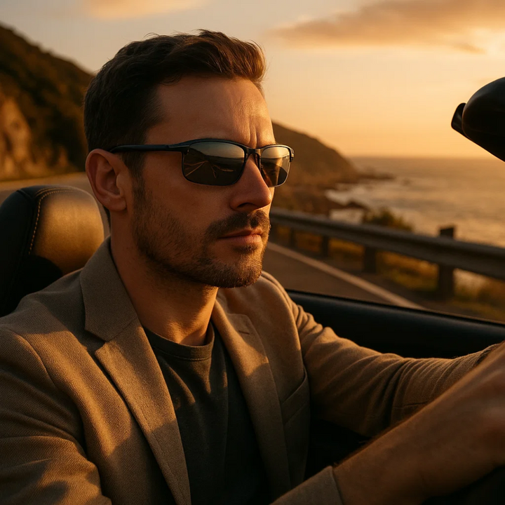 Man driving a convertible while wearing polarised photochromic sunglasses at sunset