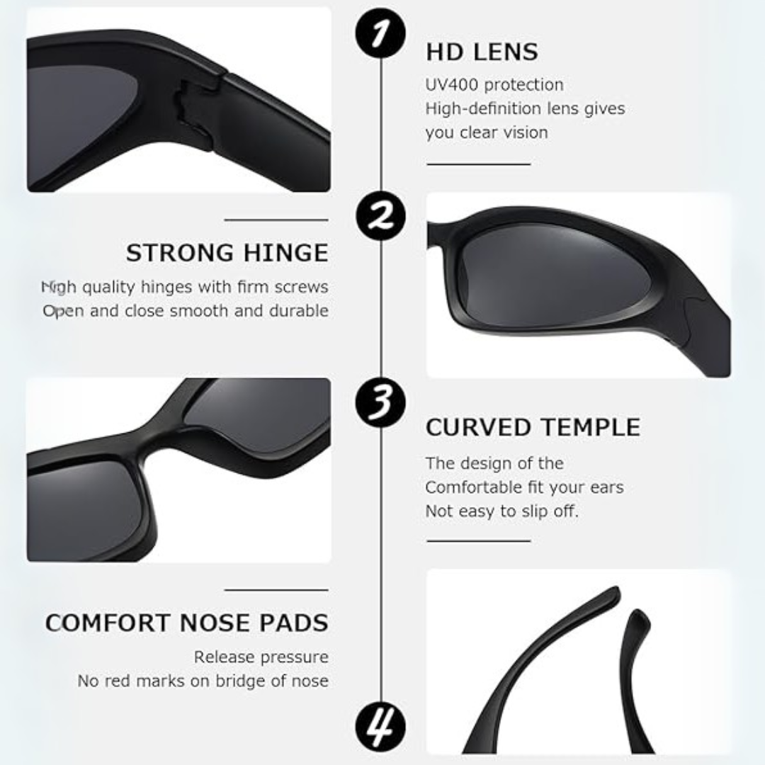 Detailed view highlighting strong hinges, curved temples, and nose pads