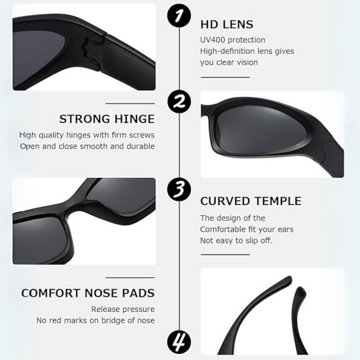 Detailed view highlighting strong hinges, curved temples, and nose pads