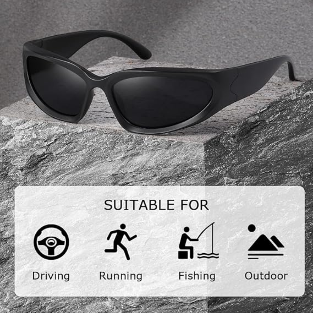 Outdoor eyewear with UV protection resting on a reflective surface