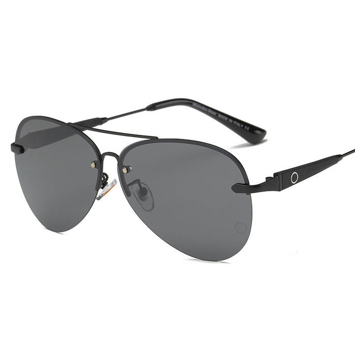 Jet black framed polarized aviator sunglasses against a neutral background