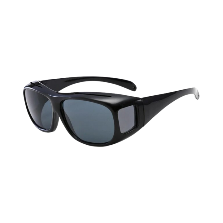 Polarized night driving glasses featuring dark lenses and black frame