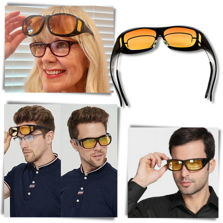 Model wearing over-prescription night driving glasses demonstrating fit