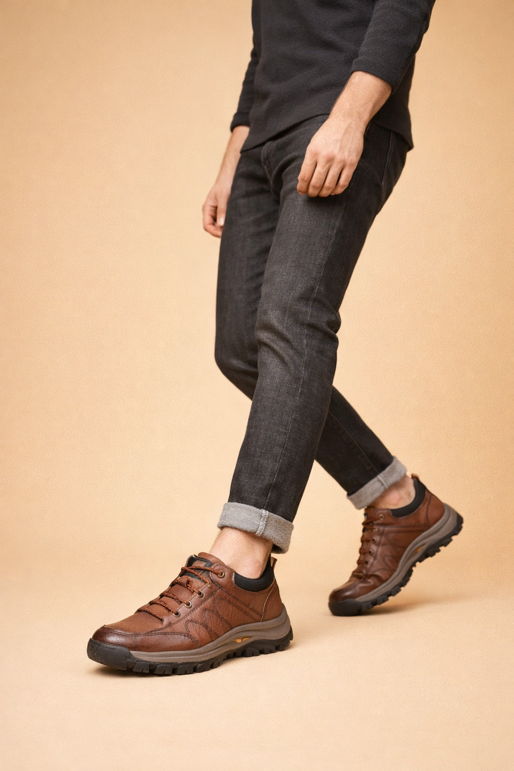 Side angle of men's brown casual hand-stitched walking shoes
