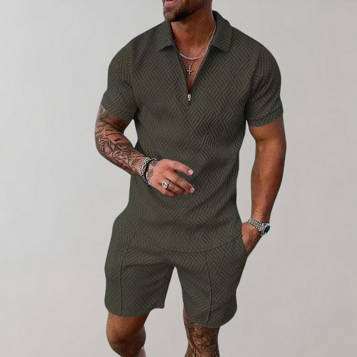 Man wearing dark green knit polo and shorts set for men