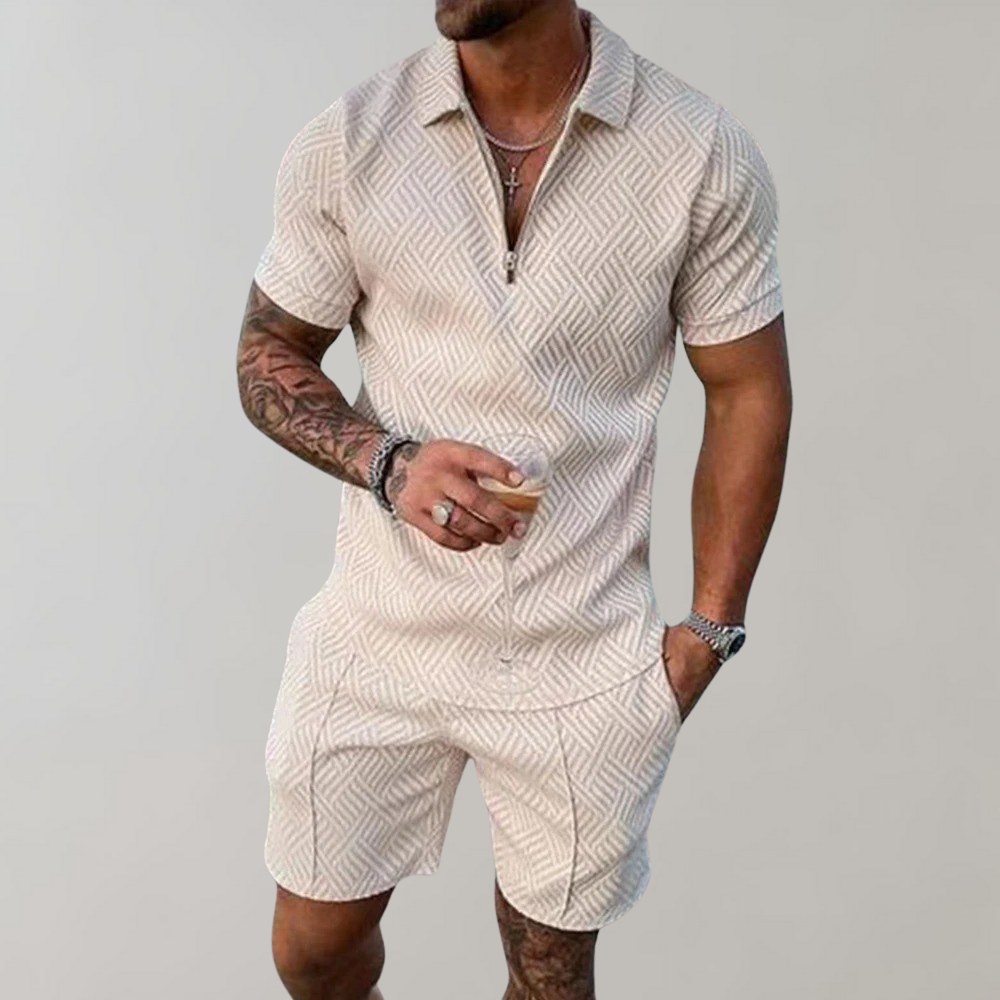 Man wearing beige patterned polo and shorts summer leisure set