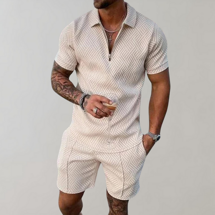 Man wearing beige patterned polo and shorts summer leisure set