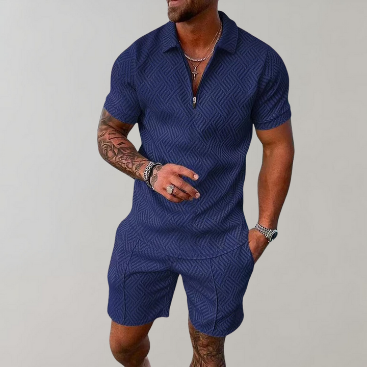 Mens summer knit polo shirt and matching shorts casual outfit flat lay