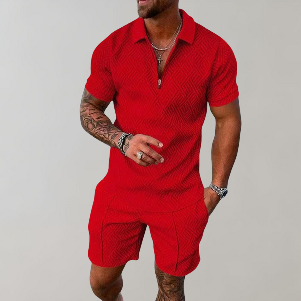 Two piece summer set for men featuring knit polo and casual shorts