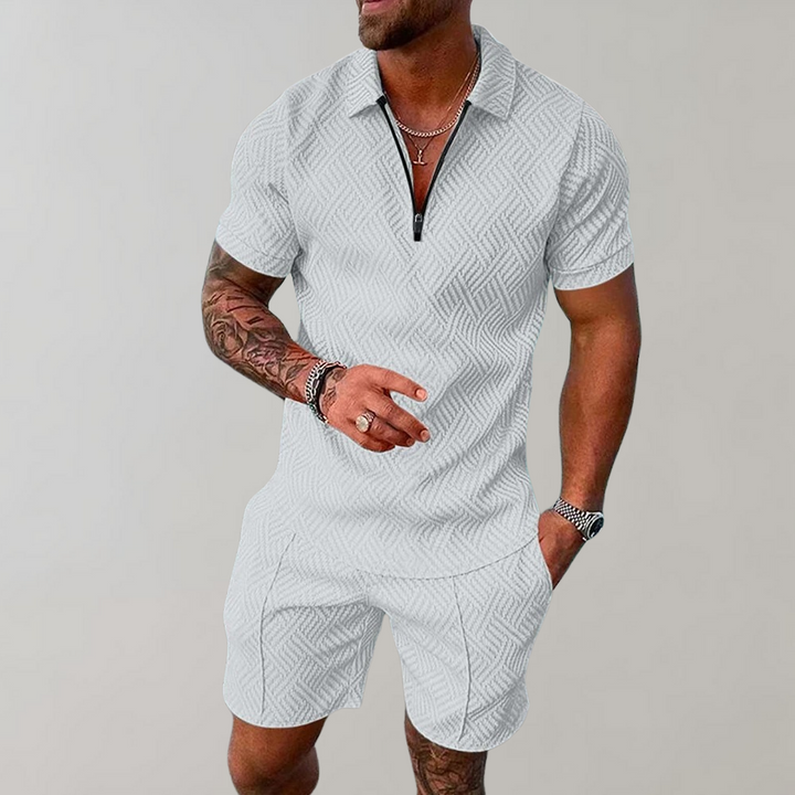 Stylish holiday outfit for men with short sleeve knit polo and shorts
