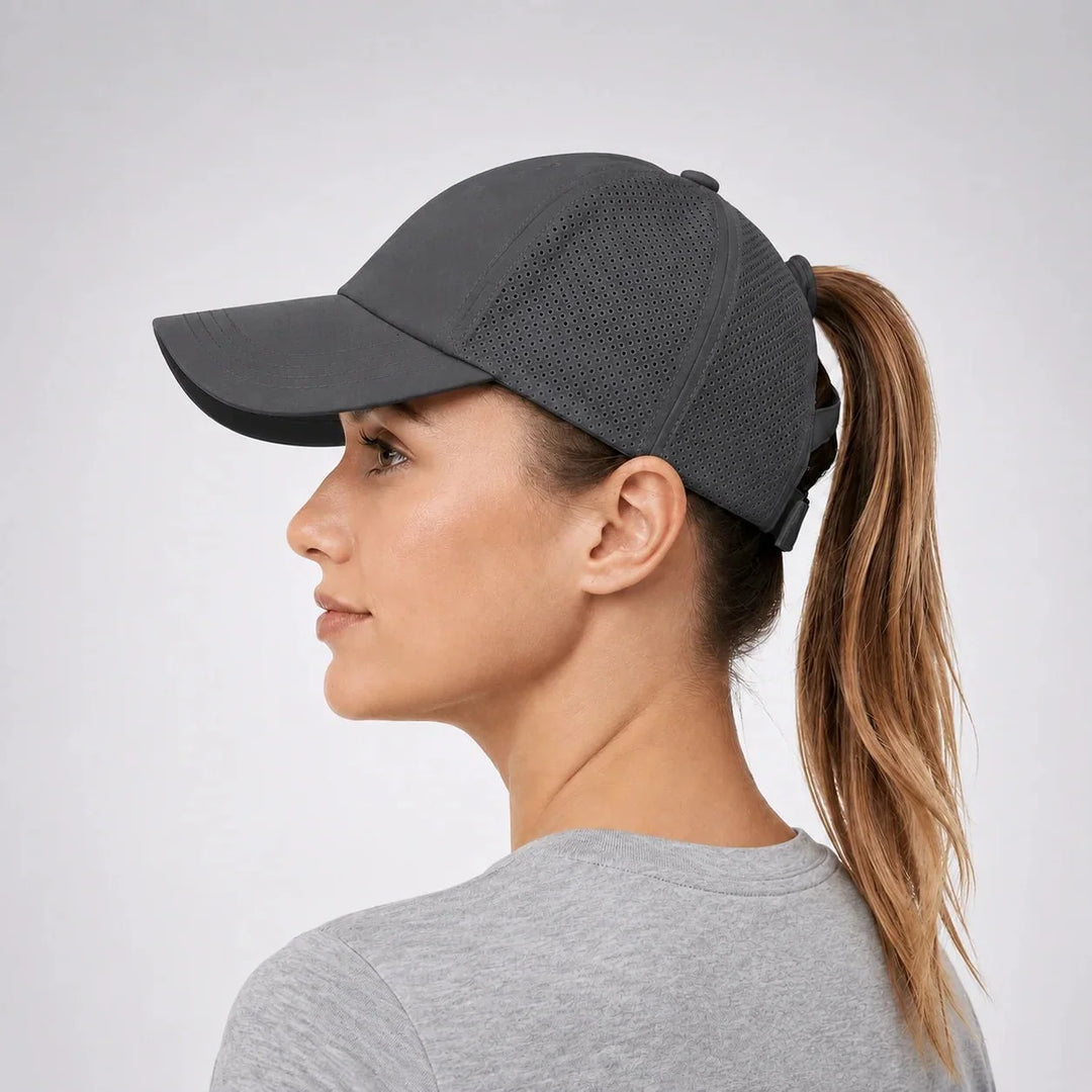 Ponytail cap showing the back closure and secure fit for running and active lifestyles