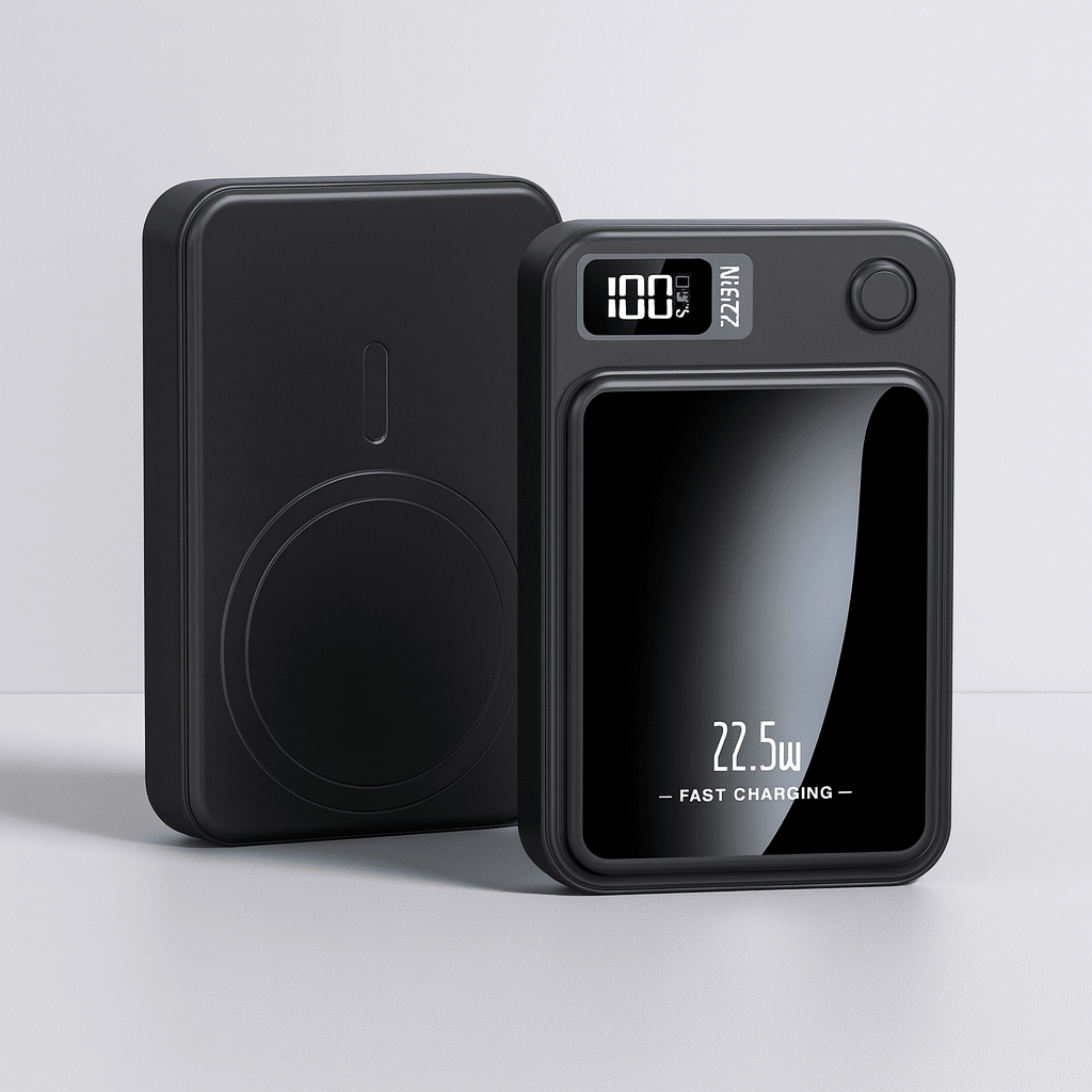 Black wireless fast charging power bank with digital LED display showing battery percentage