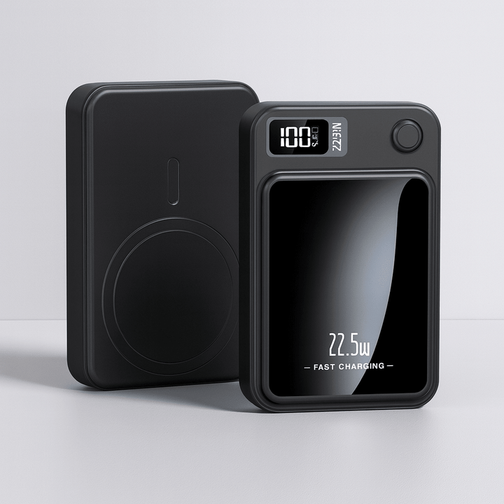 Black wireless fast charging power bank with digital LED display showing battery percentage