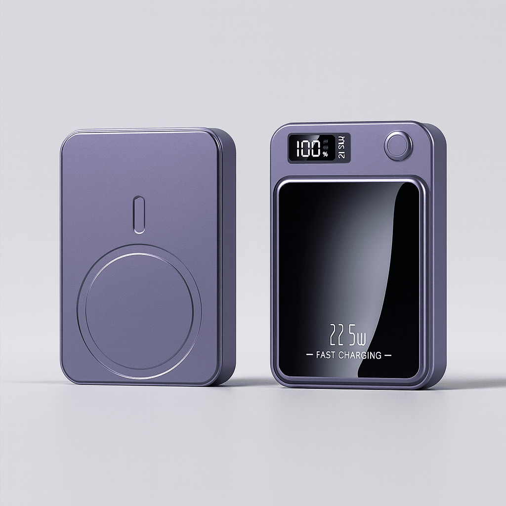 Purple wireless fast charging power bank with magnetic charging pad layout
