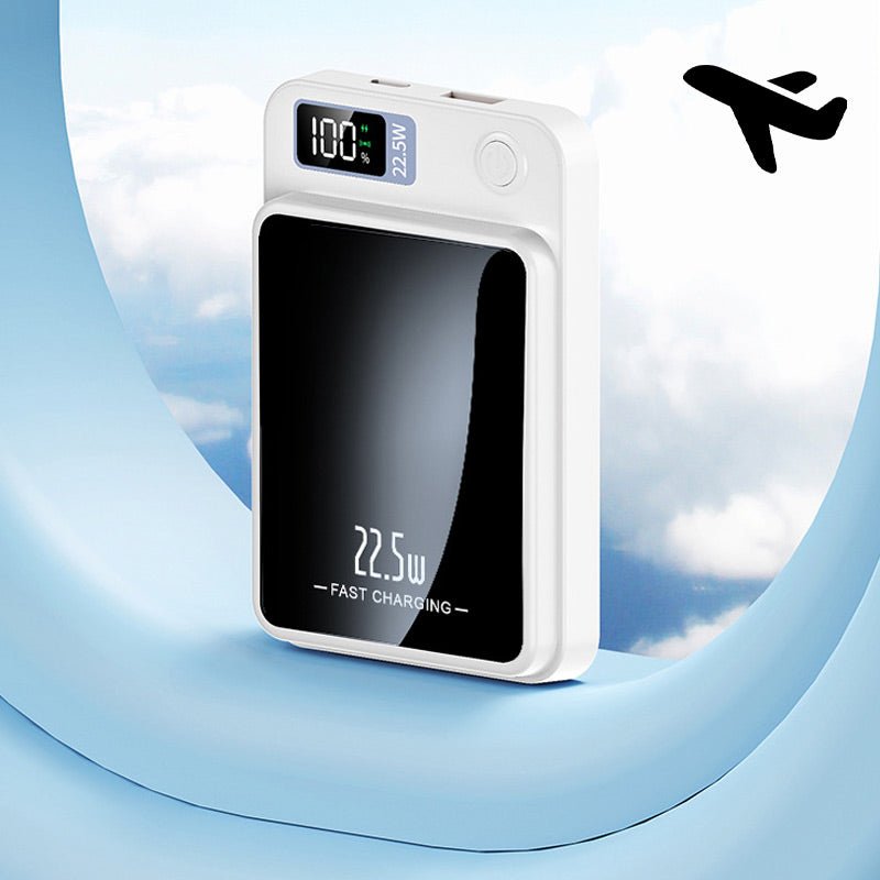 Fast charging wireless power bank angled view showing dual ports