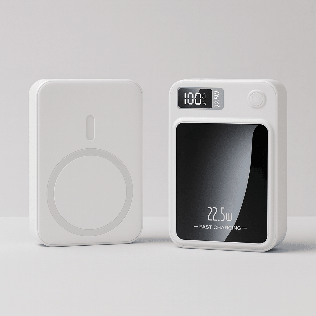 White wireless portable power bank with slim profile and digital display screen