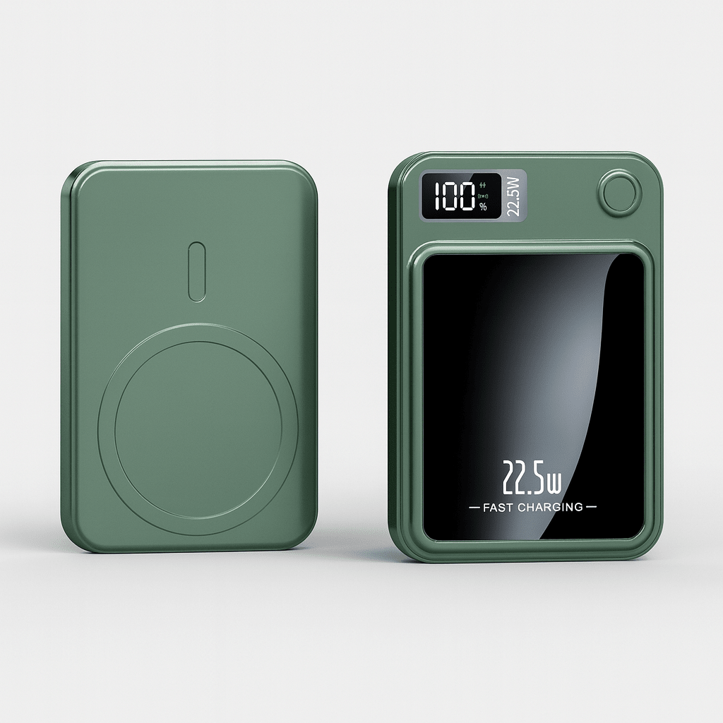 Portable power bank charging a smartphone wirelessly on a desk