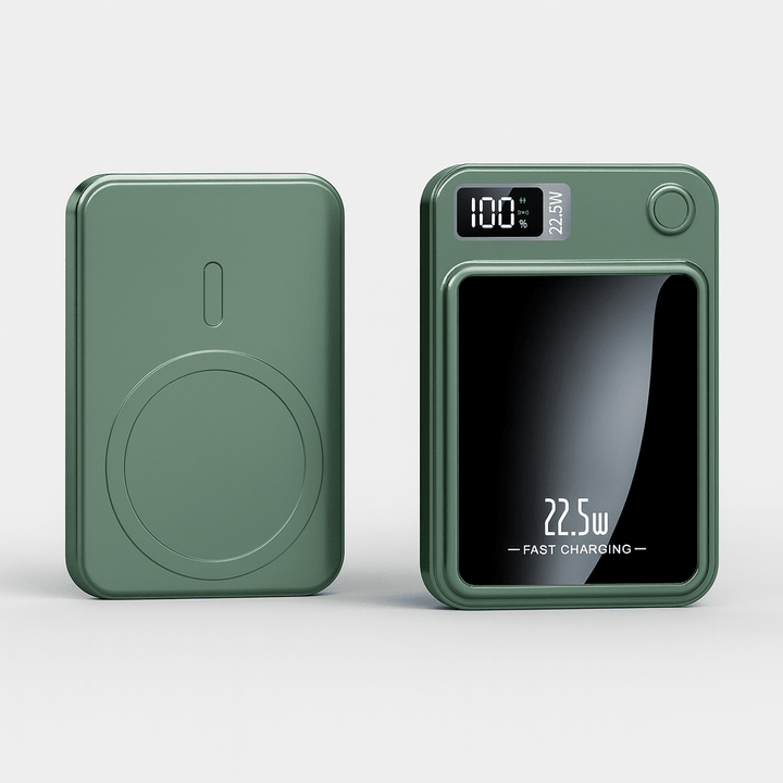Portable power bank charging a smartphone wirelessly on a desk