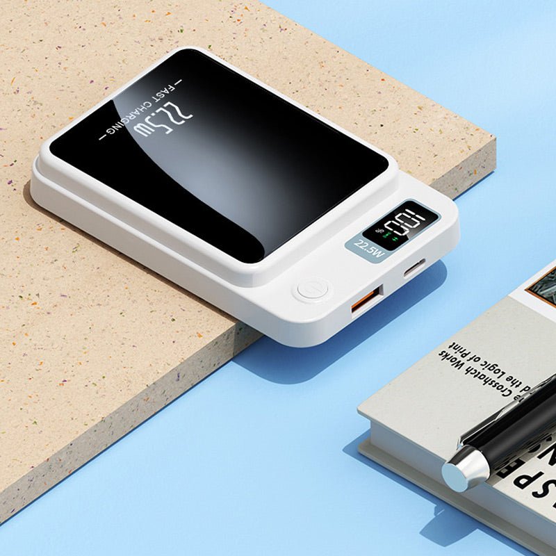 Close-up of the fast charging wireless power bank LED display