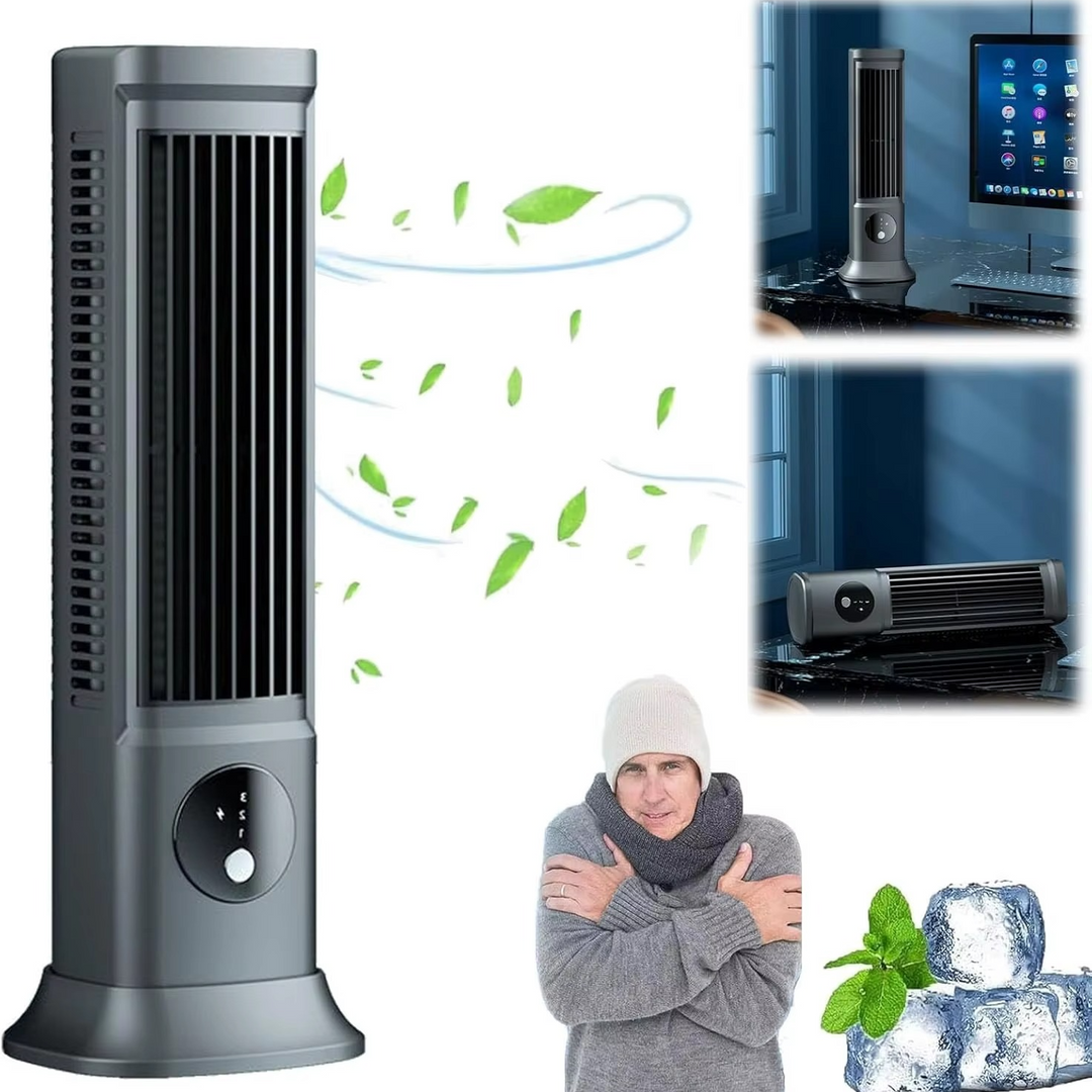 Compact grey portable tower air conditioner unit standing on a dark desk surface