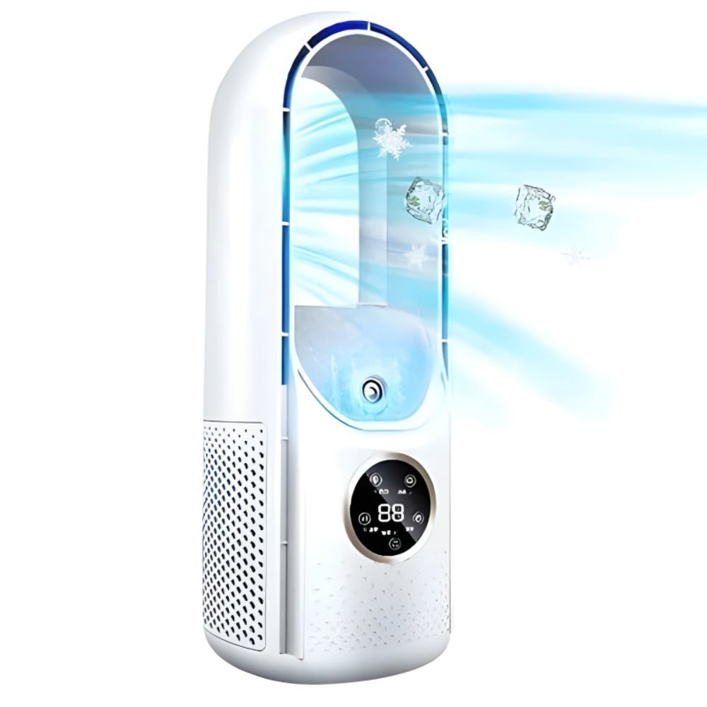 White portable bladeless air conditioner unit with digital display and cooling graphics